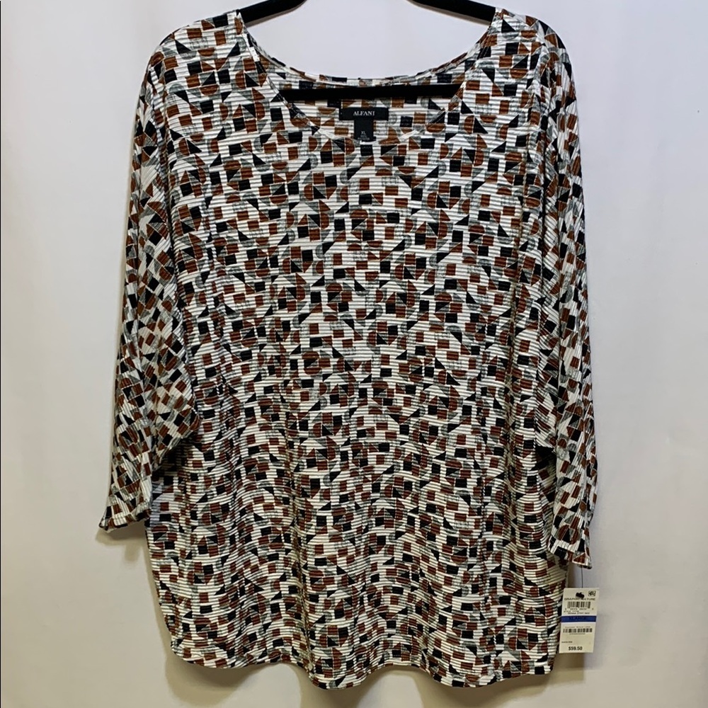 Alfani Brown and Black 3/4 Sleeve Boxy Blouse